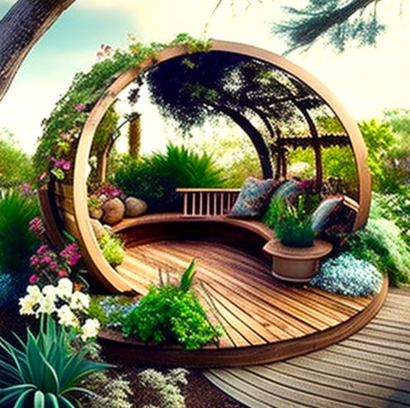 Rustic Wooden Round Deck With Arbor (11)