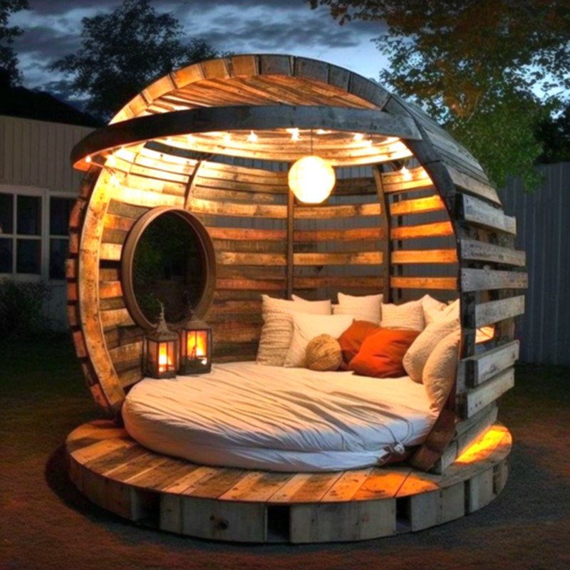 Wood pallet Round Bed with Roof (2)