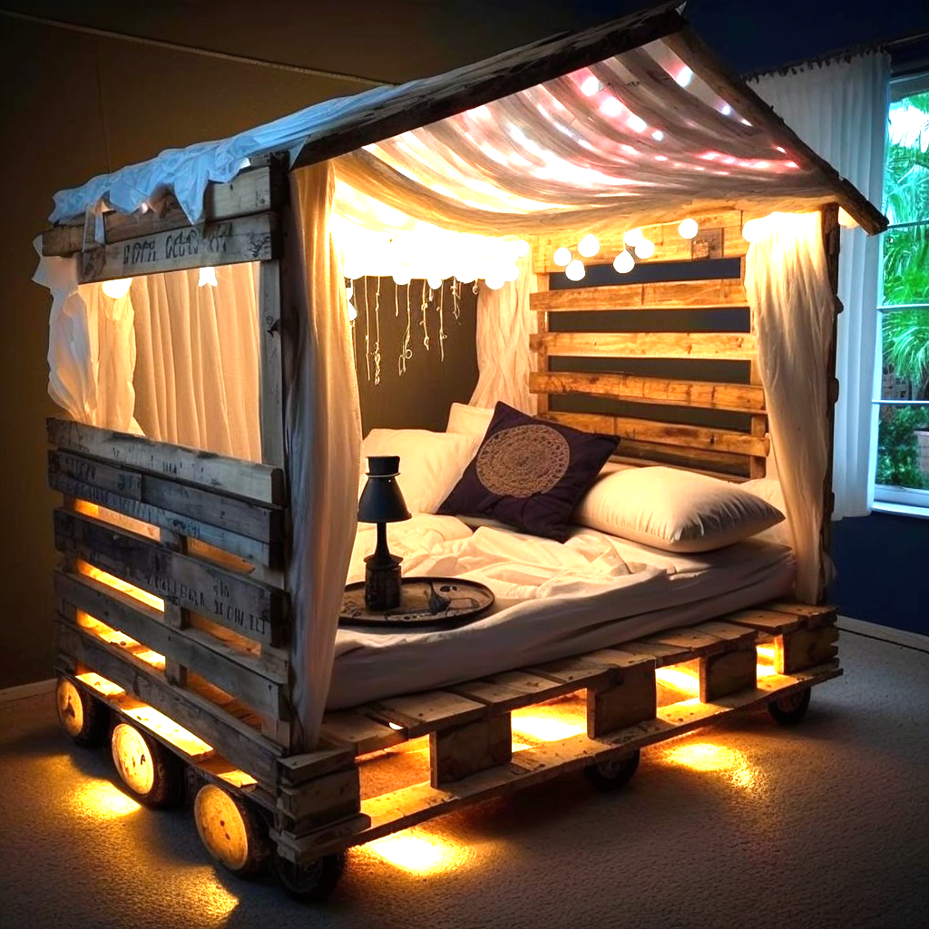 wood pallet Bed with Roof and Lights (11)