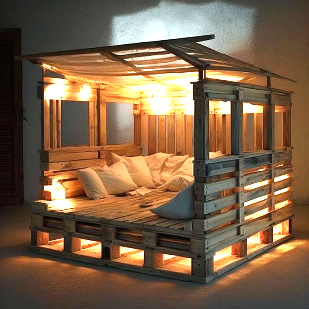 wood pallet Bed with Roof and Lights (13)