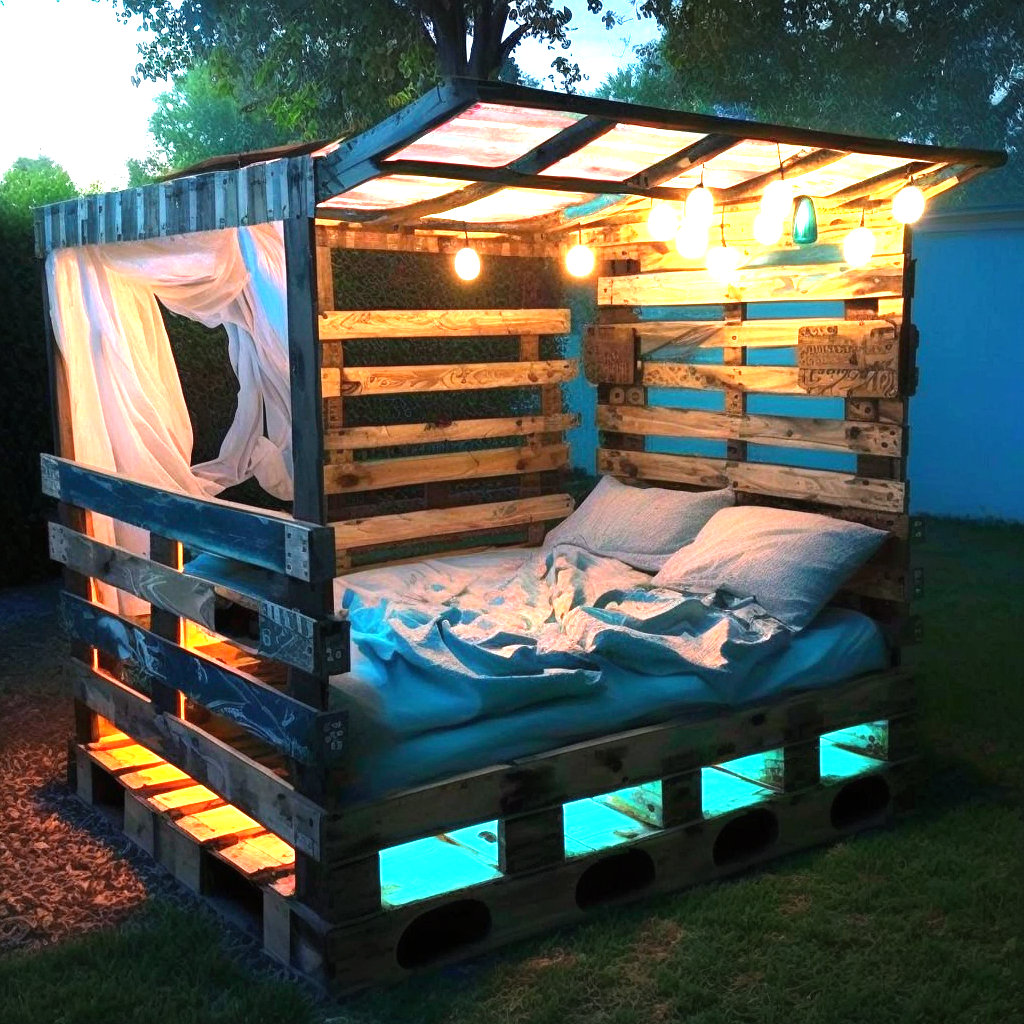 wood pallet Bed with Roof and Lights (15)