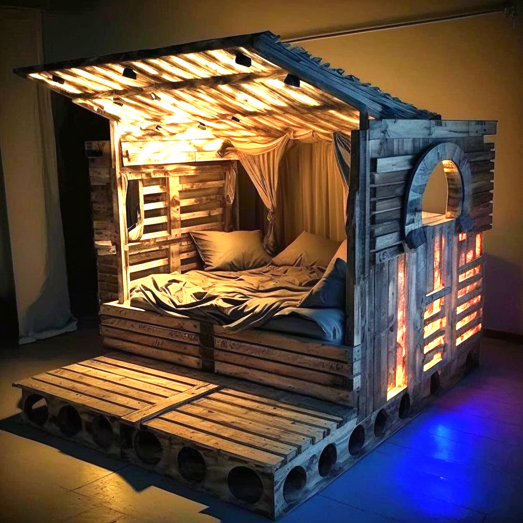 wood pallet Bed with Roof and Lights (17)