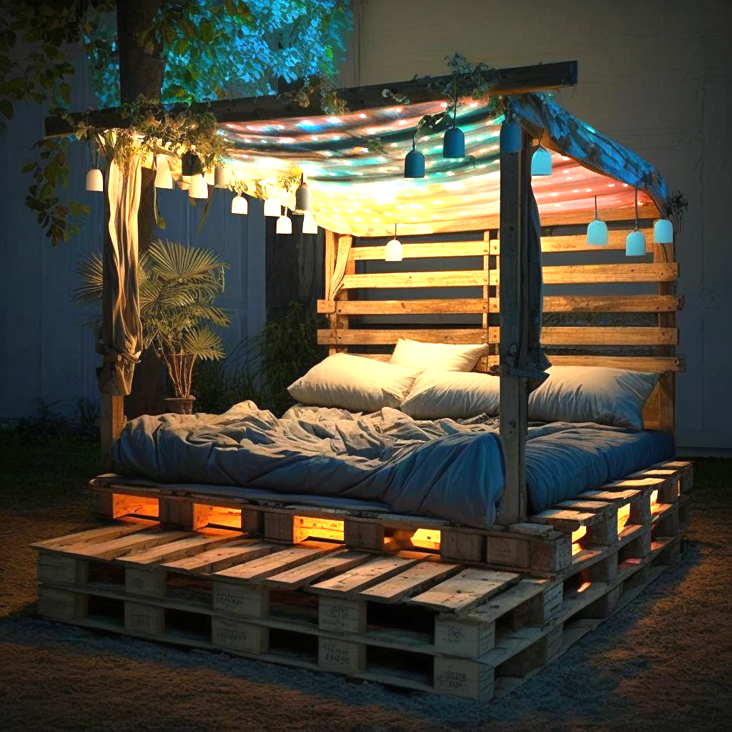 wood pallet Bed with Roof and Lights (2)