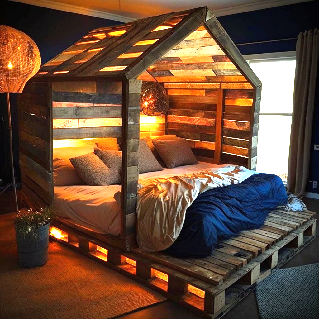 wood pallet Bed with Roof and Lights (21)