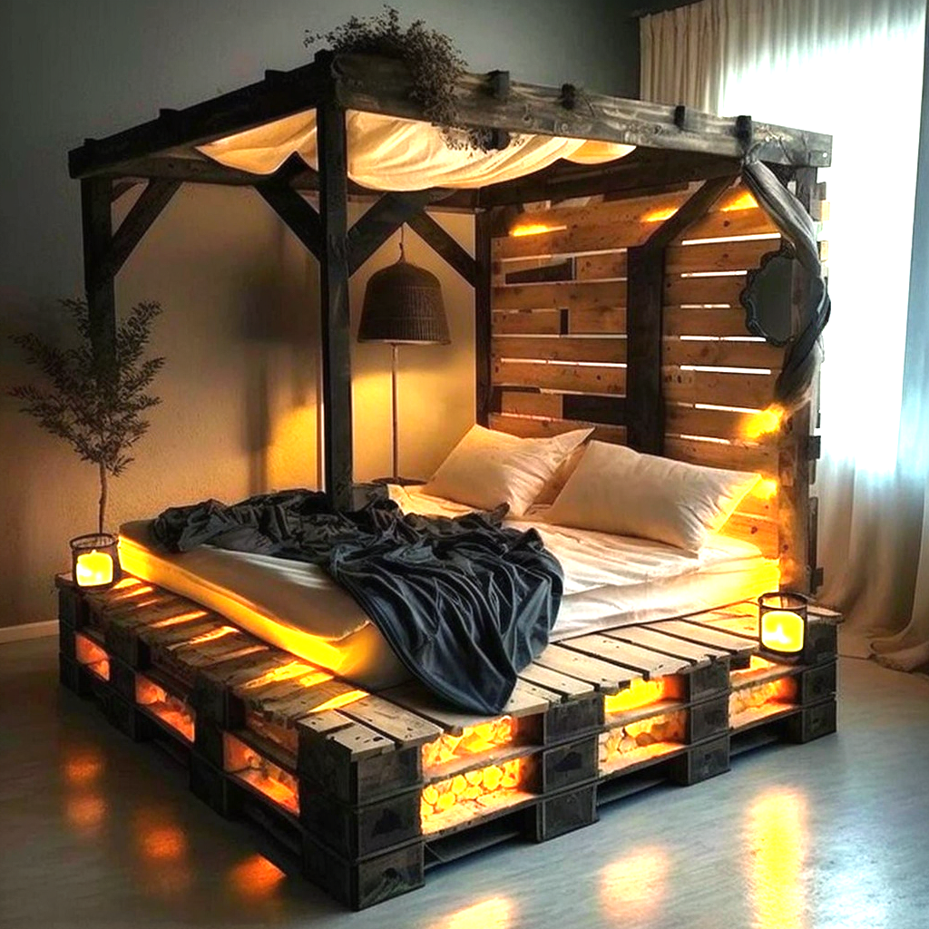 wood pallet Bed with Roof and Lights (23)