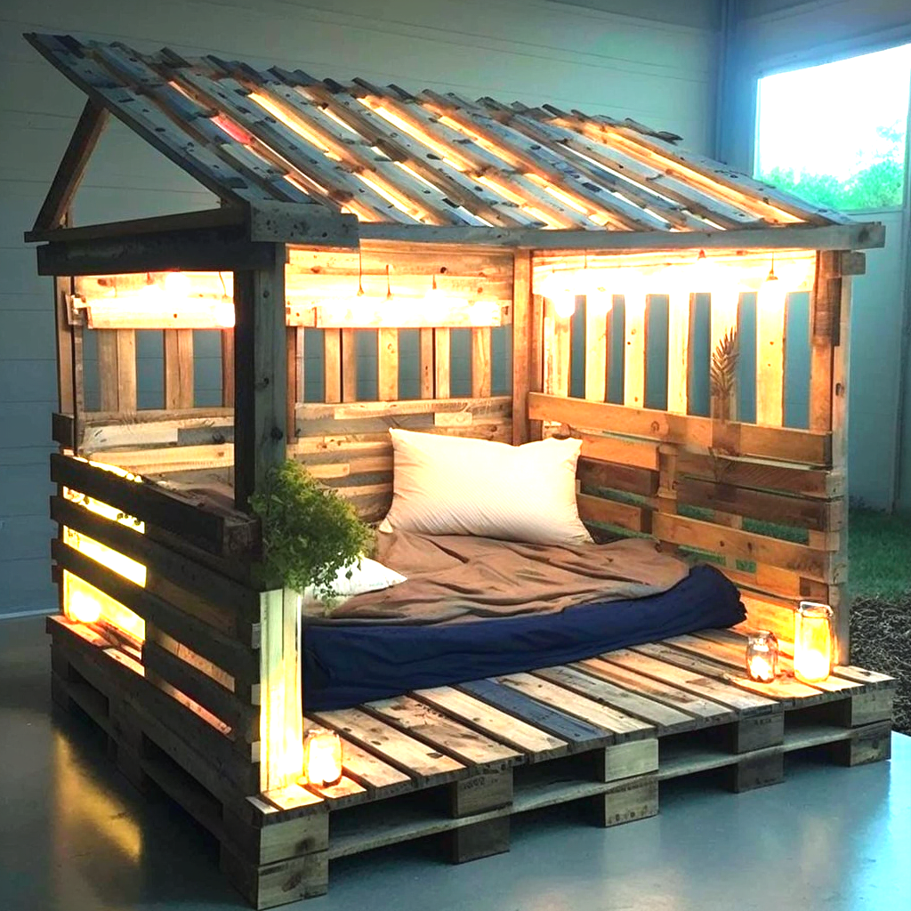 wood pallet Bed with Roof and Lights (3)