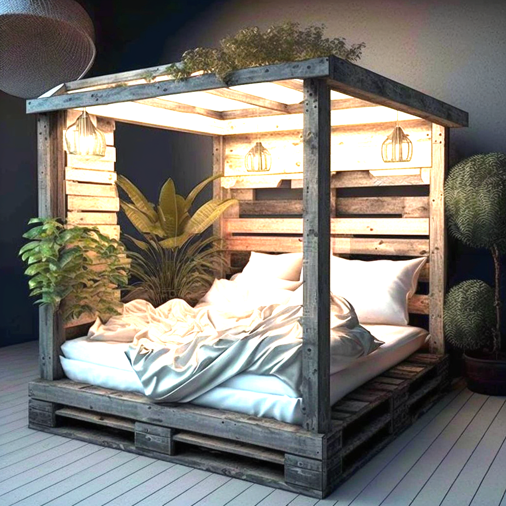 wood pallet Bed with Roof and Lights (7)