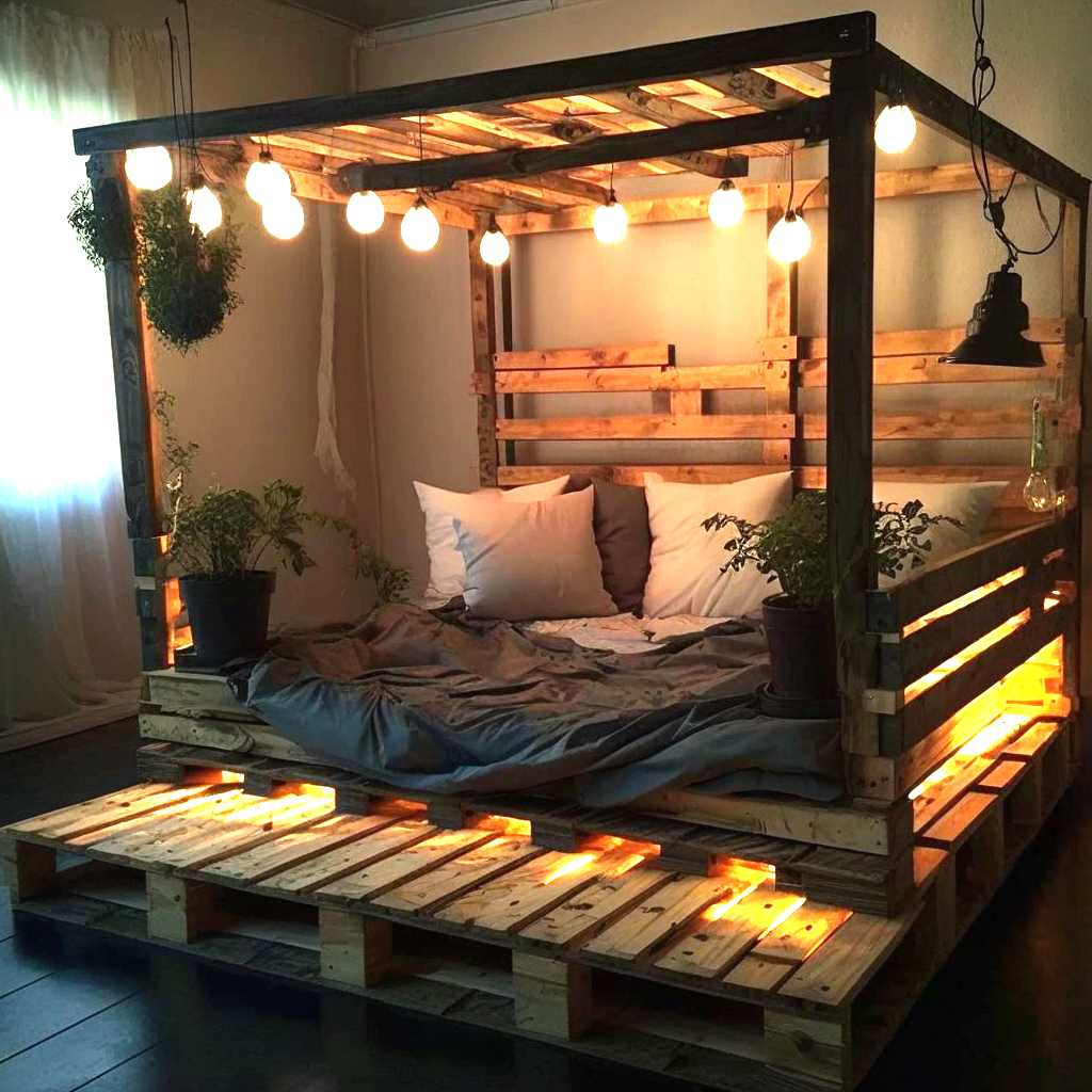 wood pallet Bed with Roof and Lights (8)