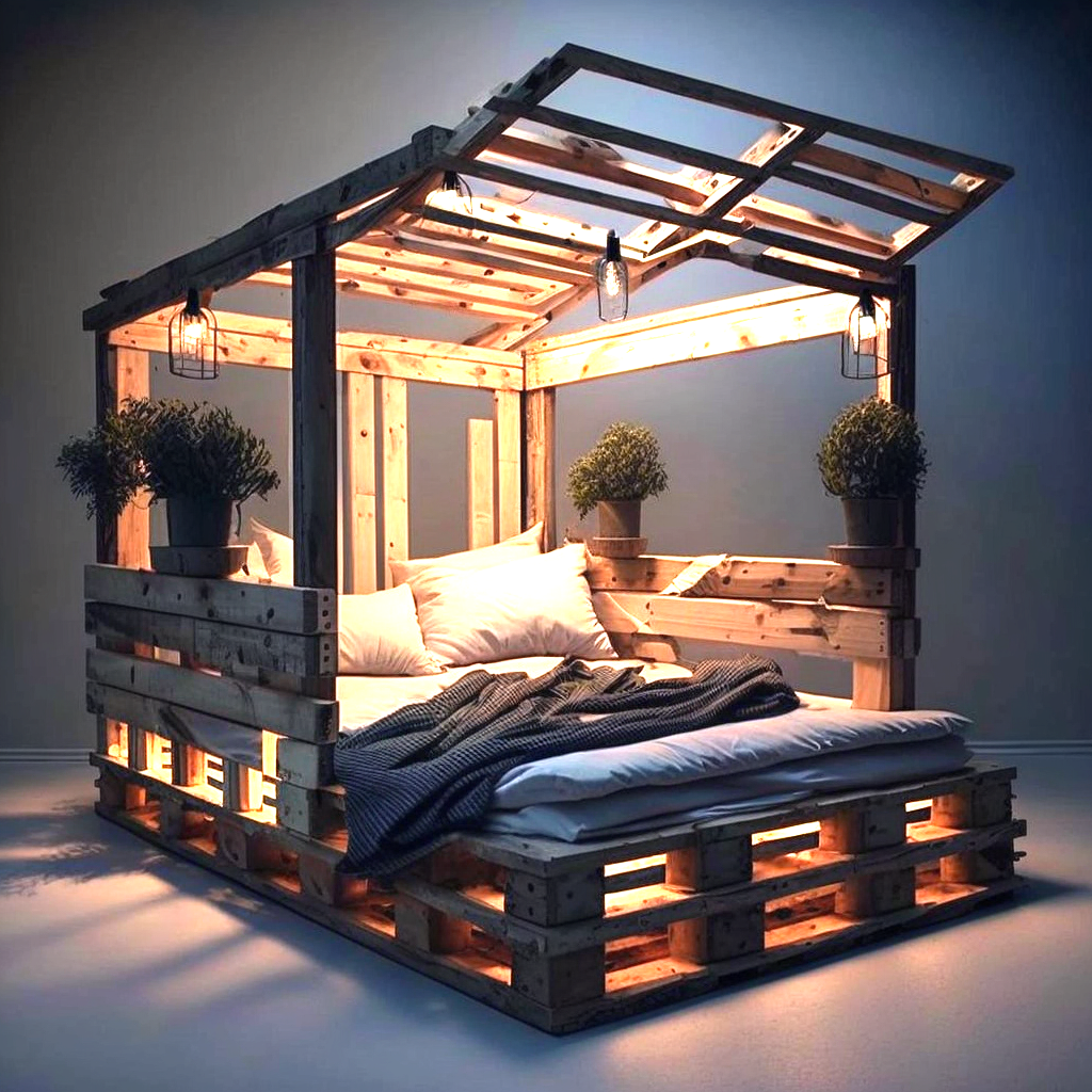 wood pallet Bed with Roof and Lights (9)