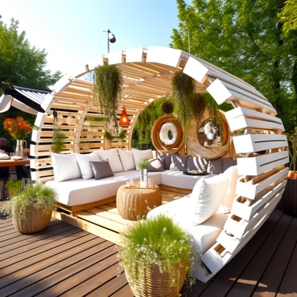 Outdoor Living Creating A Wood Pallet Patio Lounge Pergola And Deck (12)