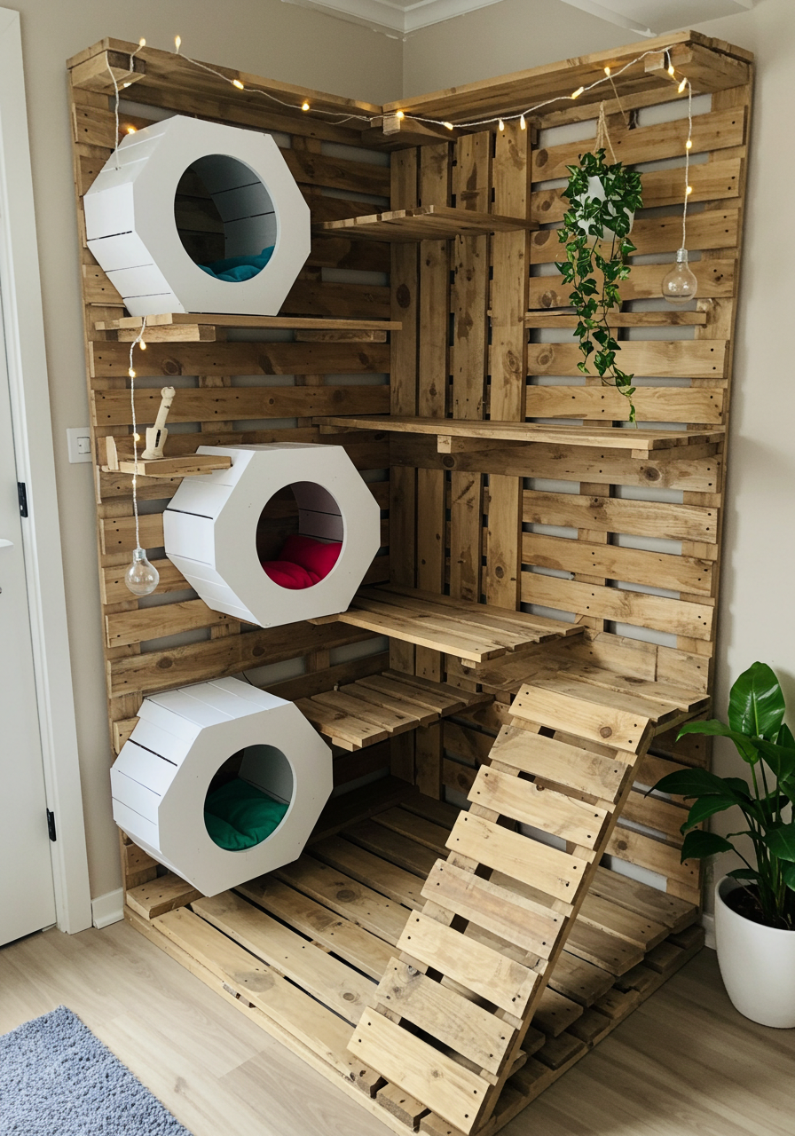 DIY Cat Castle Turn Wooden Pallets into a Colorful Kitty Dream Home (1)
