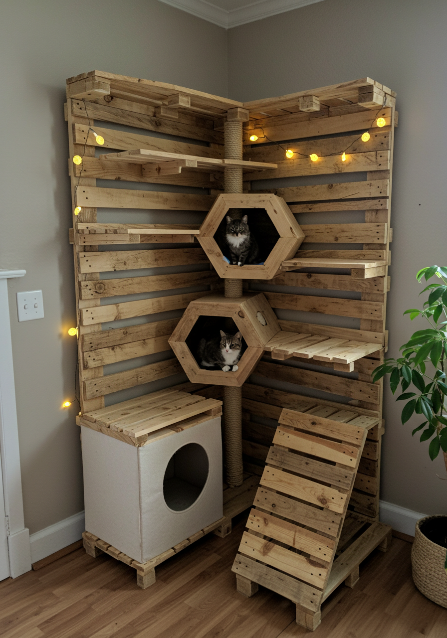 DIY Cat Castle Turn Wooden Pallets into a Colorful Kitty Dream Home (10)