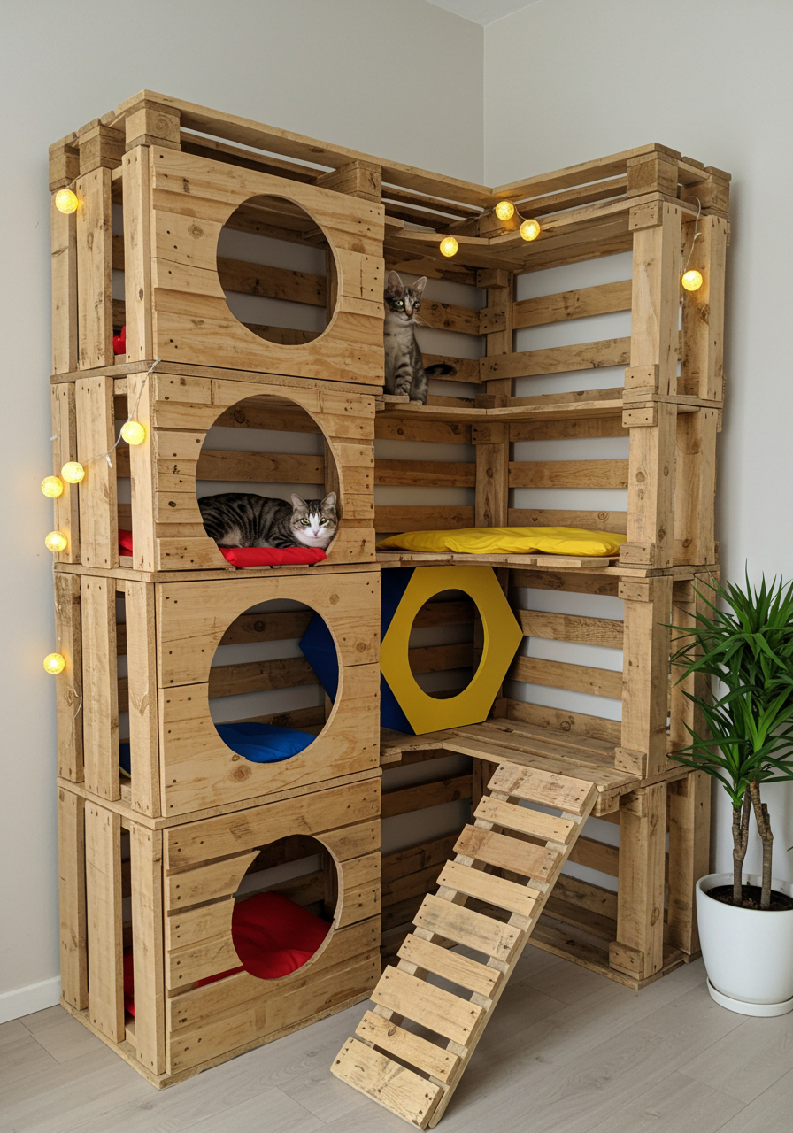 DIY Cat Castle Turn Wooden Pallets into a Colorful Kitty Dream Home (13)