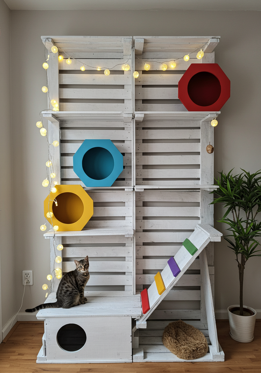 DIY Cat Castle Turn Wooden Pallets into a Colorful Kitty Dream Home (15)