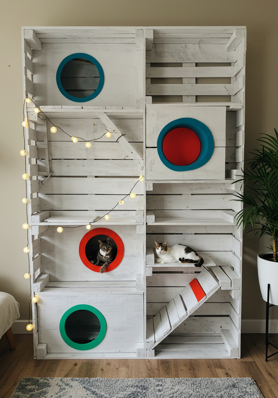 DIY Cat Castle Turn Wooden Pallets into a Colorful Kitty Dream Home (16)