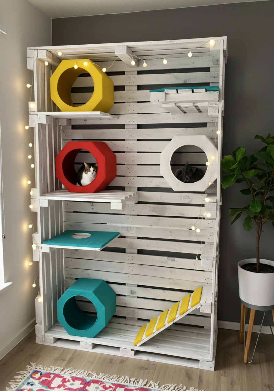 DIY Cat Castle Turn Wooden Pallets into a Colorful Kitty Dream Home (17)