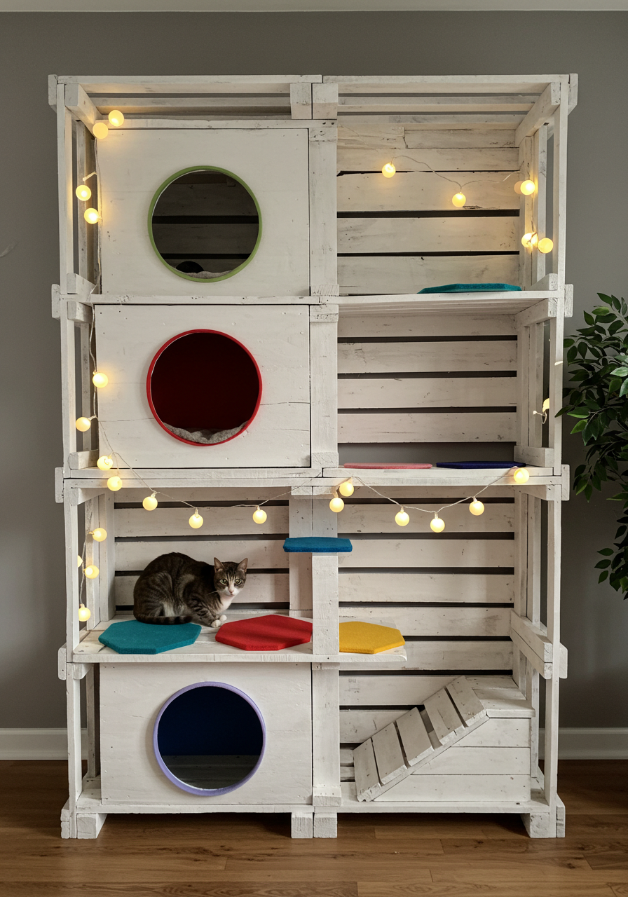 DIY Cat Castle Turn Wooden Pallets into a Colorful Kitty Dream Home (18)