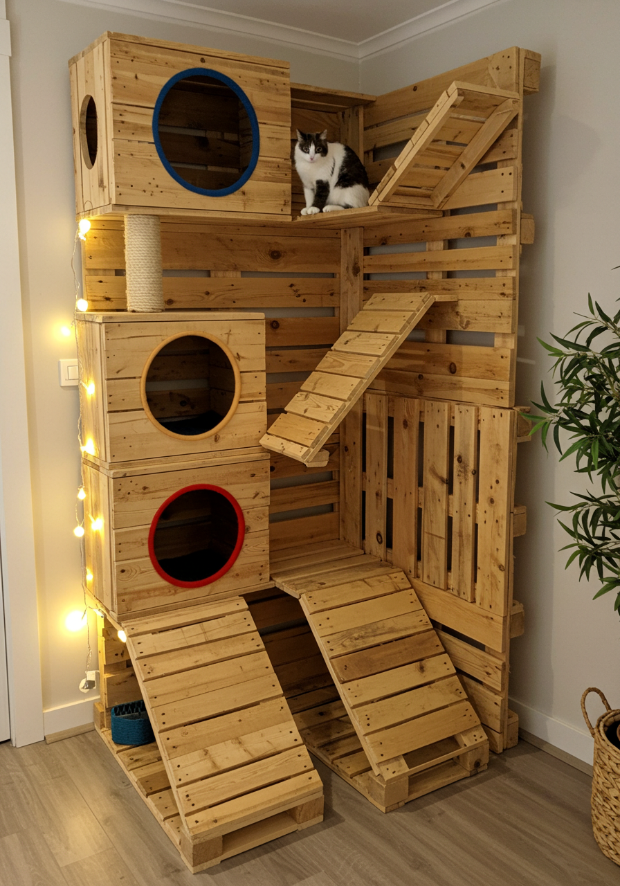 DIY Cat Castle Turn Wooden Pallets into a Colorful Kitty Dream Home (19)