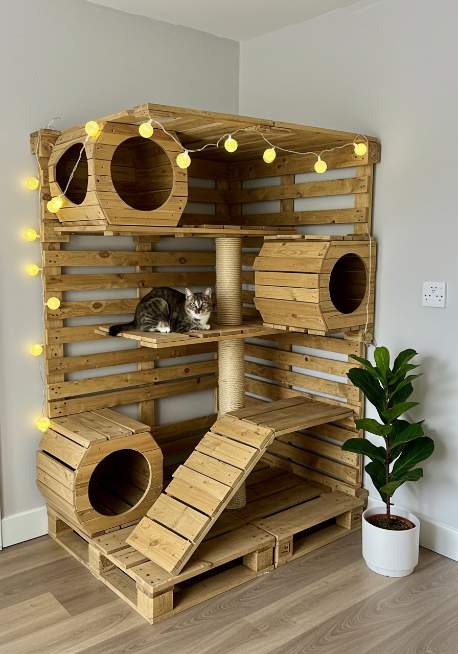 DIY Cat Castle Turn Wooden Pallets into a Colorful Kitty Dream Home (21)