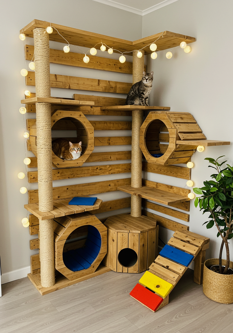 DIY Cat Castle Turn Wooden Pallets into a Colorful Kitty Dream Home (22)