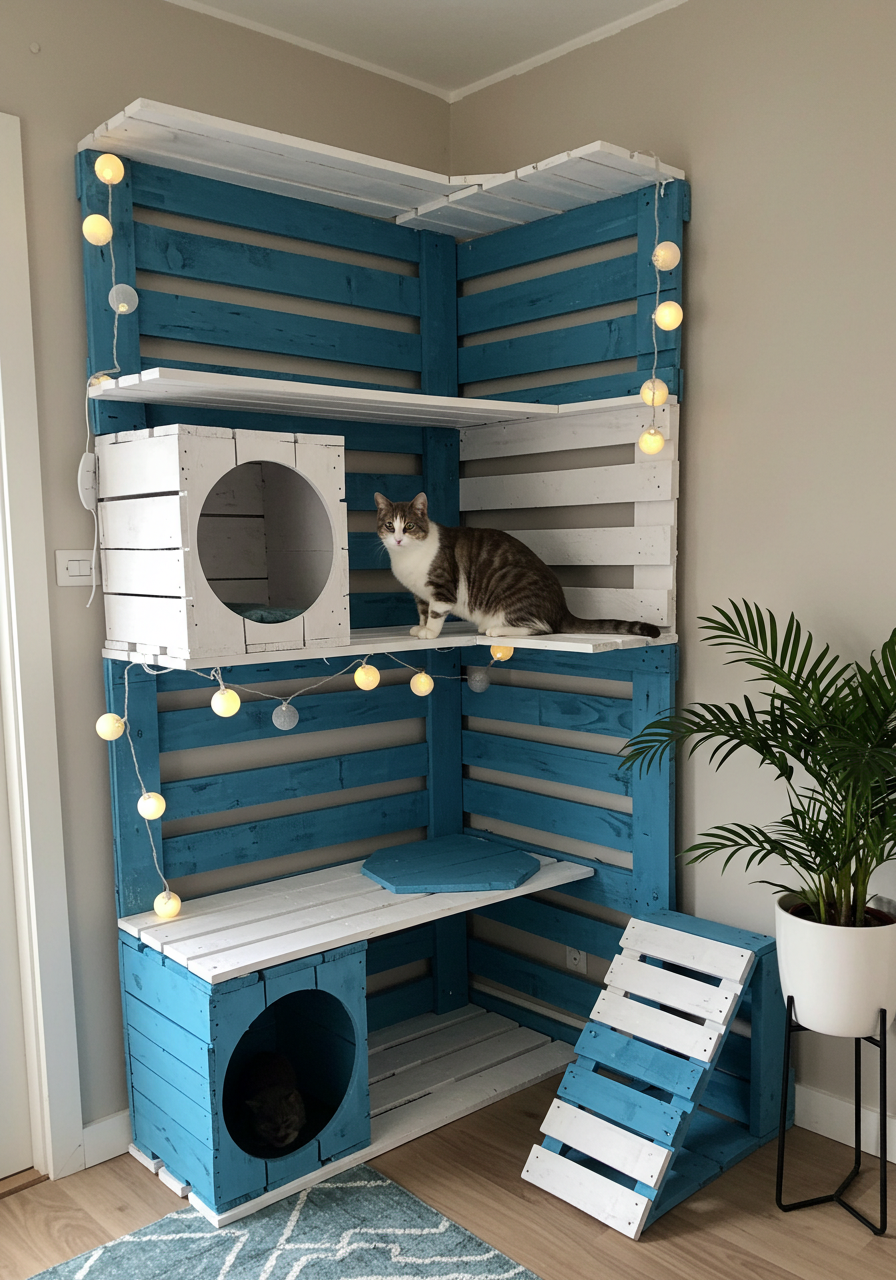 DIY Cat Castle Turn Wooden Pallets into a Colorful Kitty Dream Home (23)