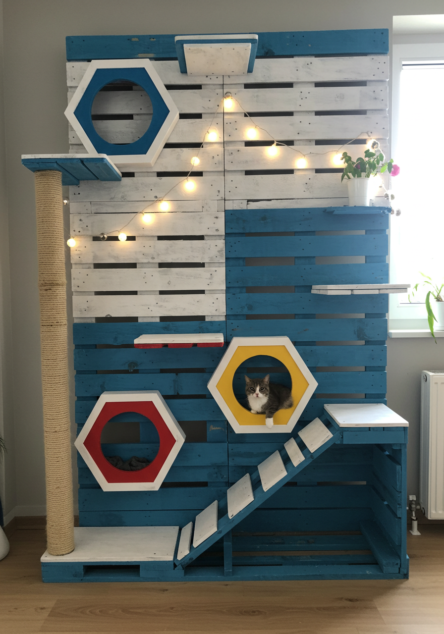 DIY Cat Castle Turn Wooden Pallets into a Colorful Kitty Dream Home (25)