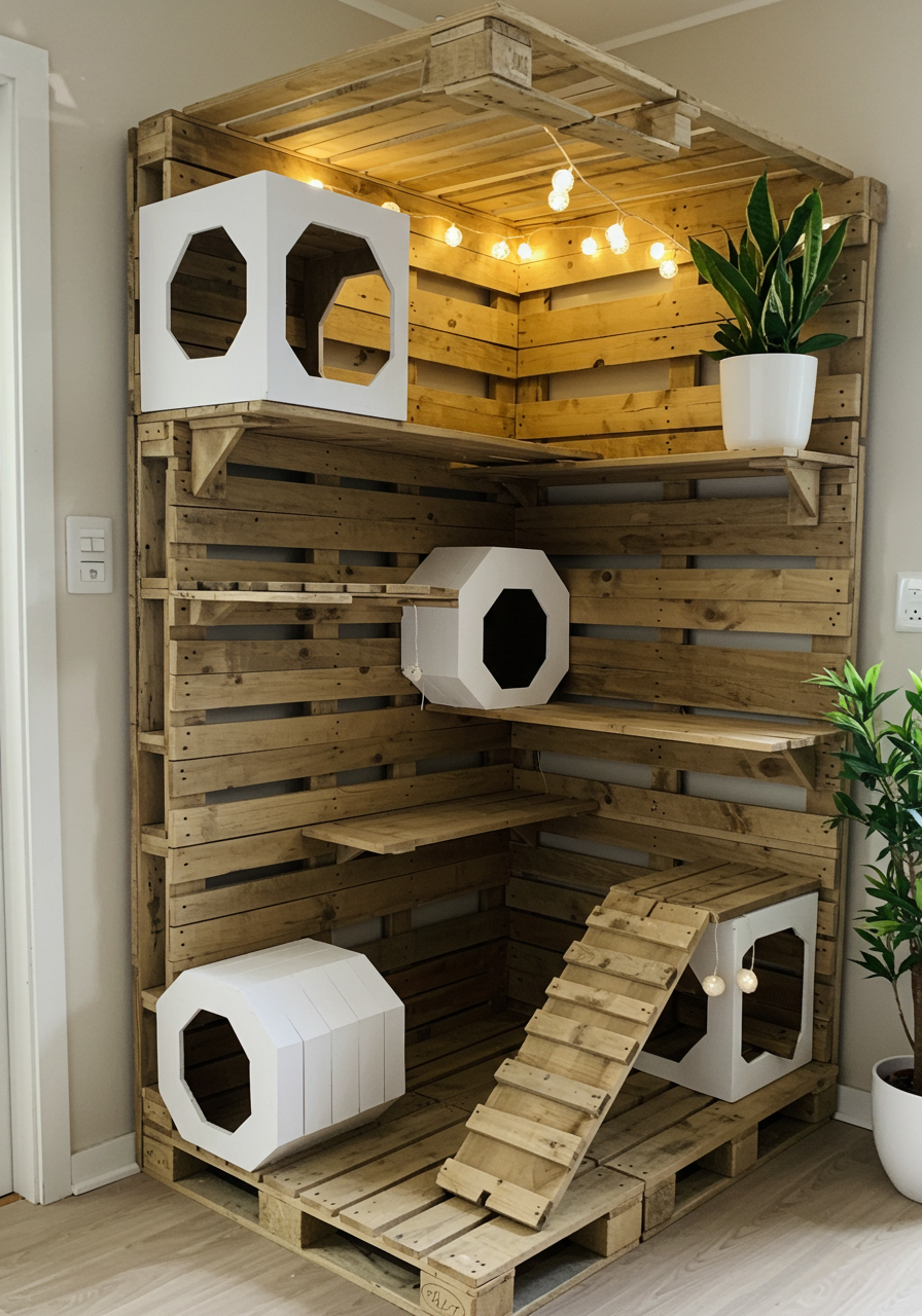 DIY Cat Castle Turn Wooden Pallets into a Colorful Kitty Dream Home (28)
