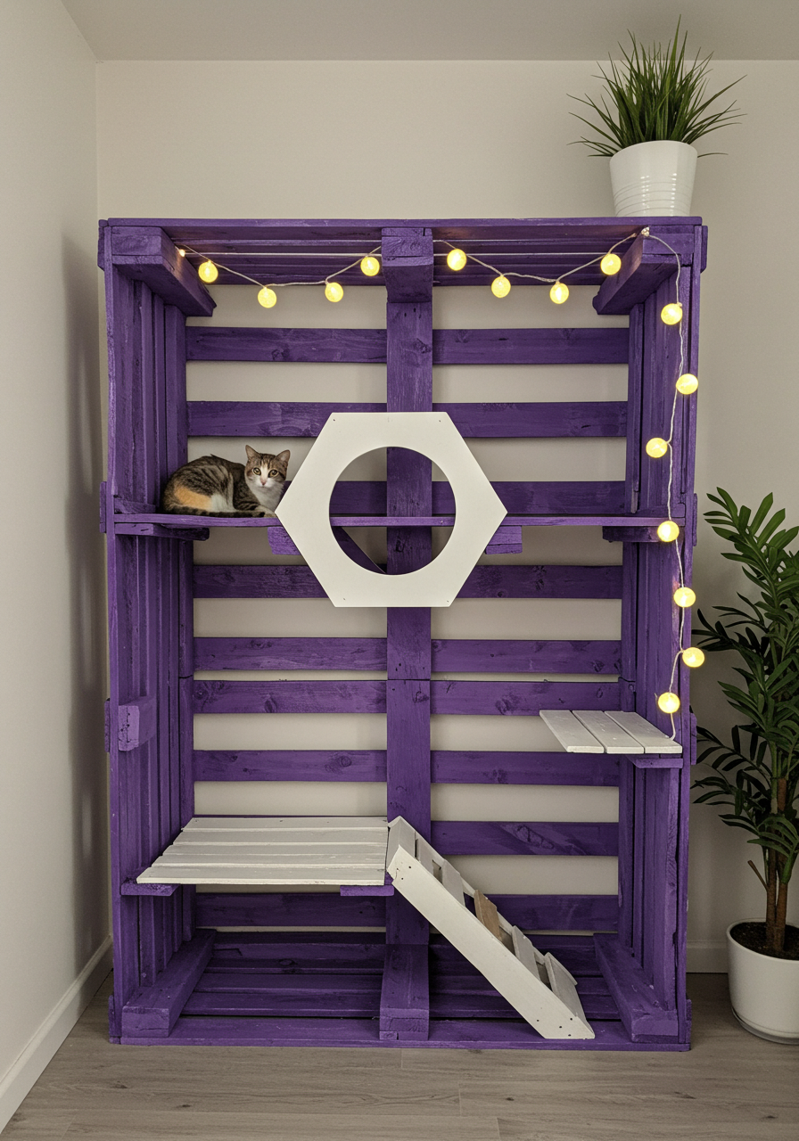 DIY Cat Castle Turn Wooden Pallets into a Colorful Kitty Dream Home (6)