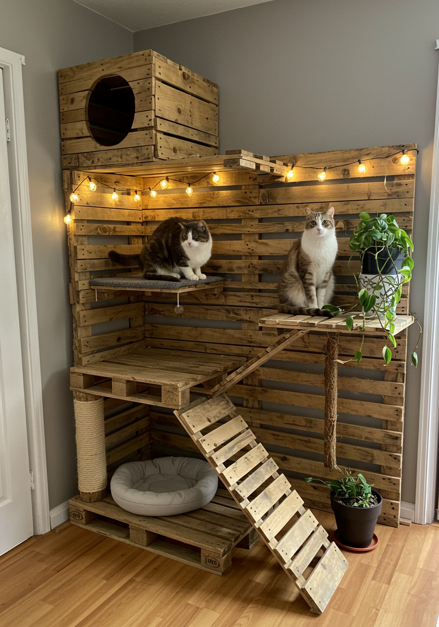 DIY Cat Castle Turn Wooden Pallets into a Colorful Kitty Dream Home (8)
