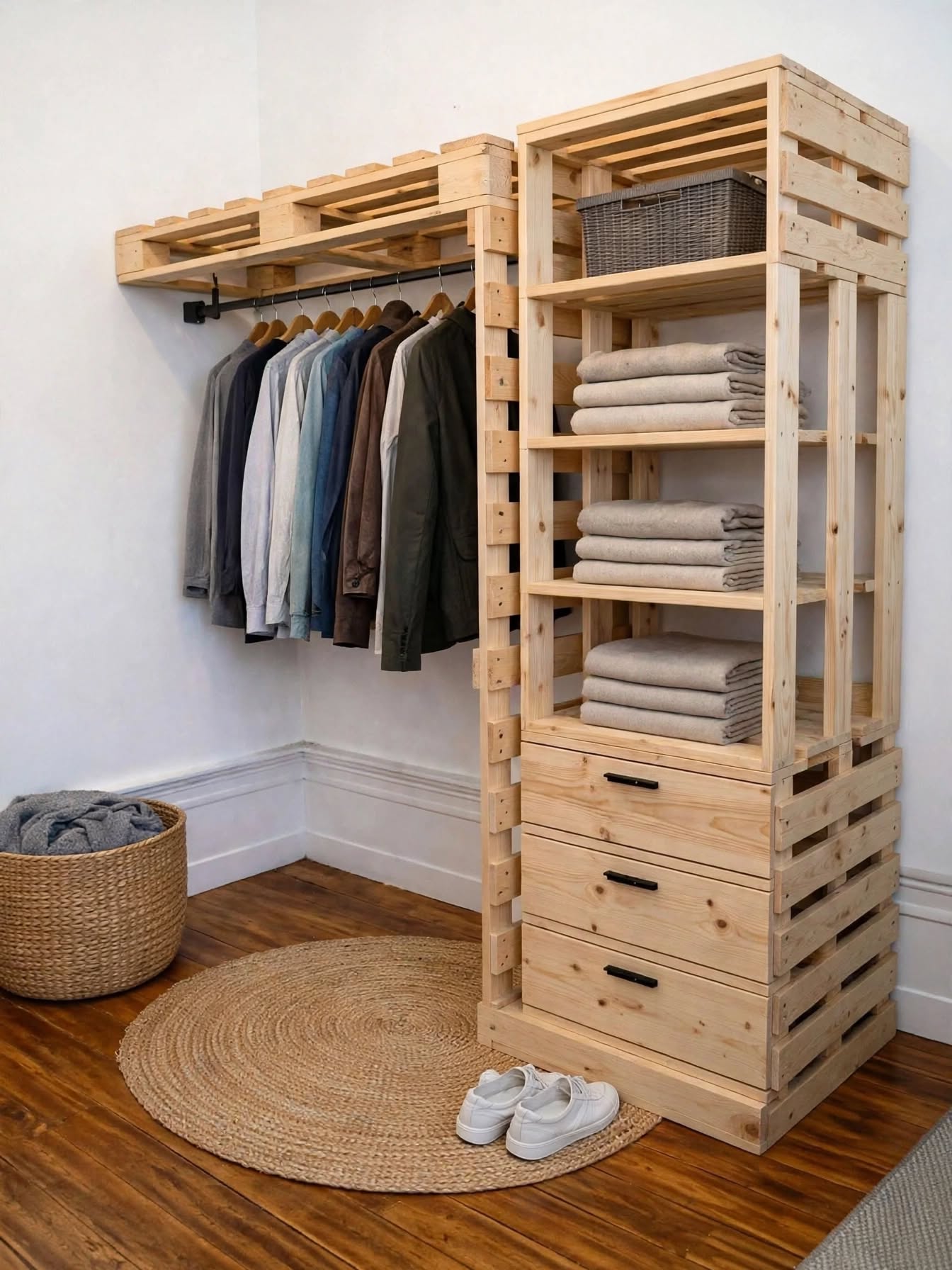 DIY Pallet Wardrobe with Hanging Rods & LED Shelves (1)