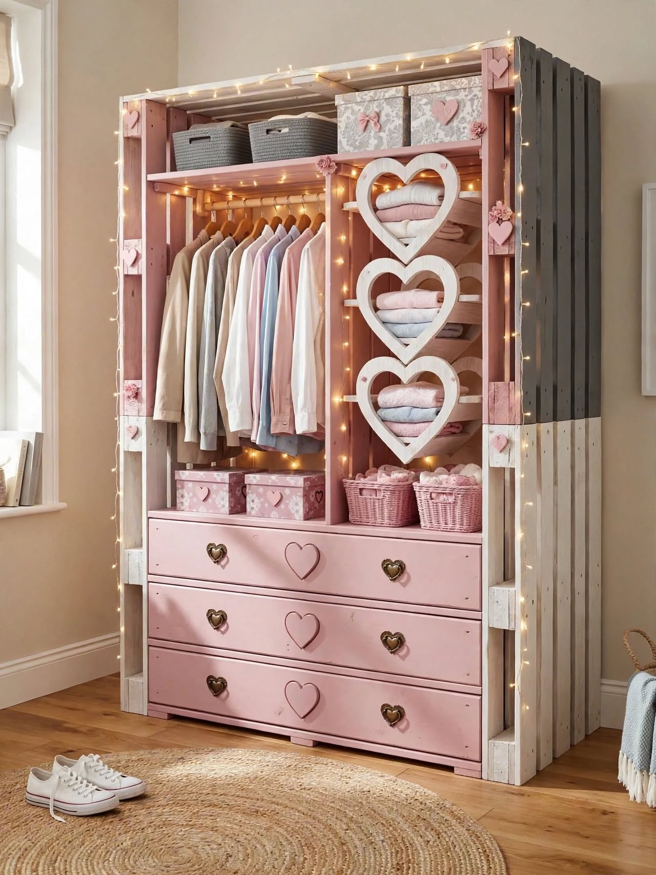 DIY Pallet Wardrobe with Hanging Rods & LED Shelves (10)