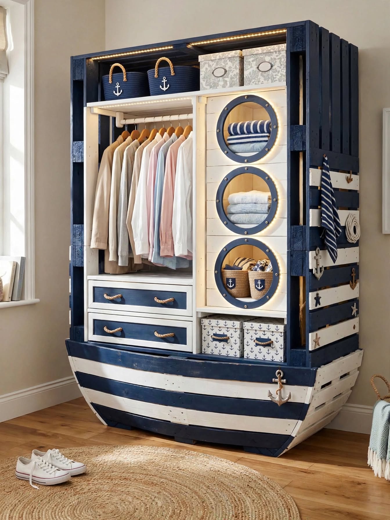 DIY Pallet Wardrobe with Hanging Rods & LED Shelves (11)
