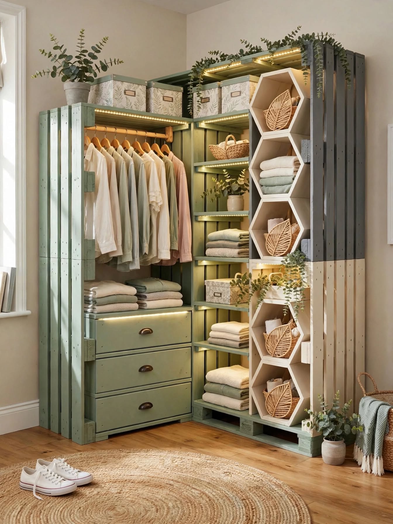 DIY Pallet Wardrobe with Hanging Rods & LED Shelves (12)