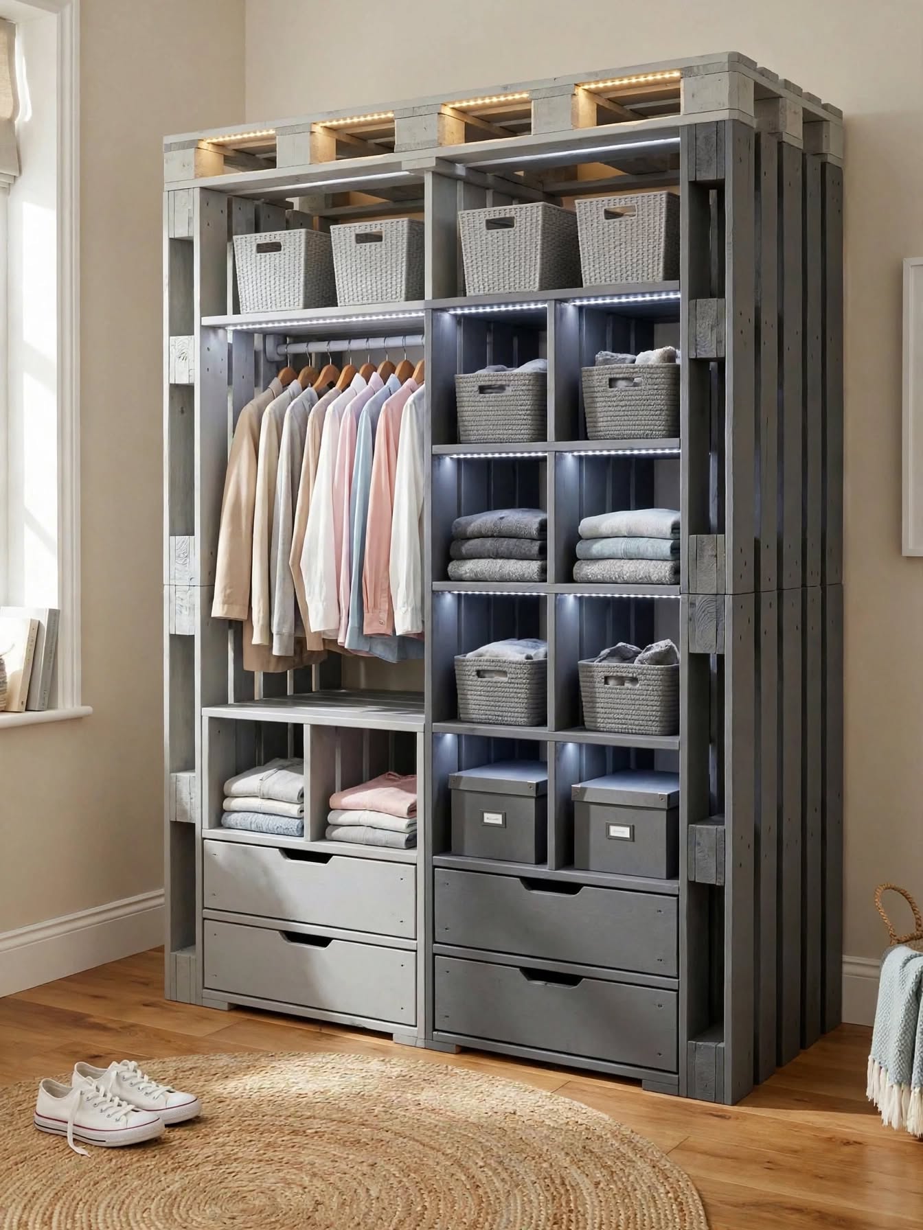 DIY Pallet Wardrobe with Hanging Rods & LED Shelves (13)
