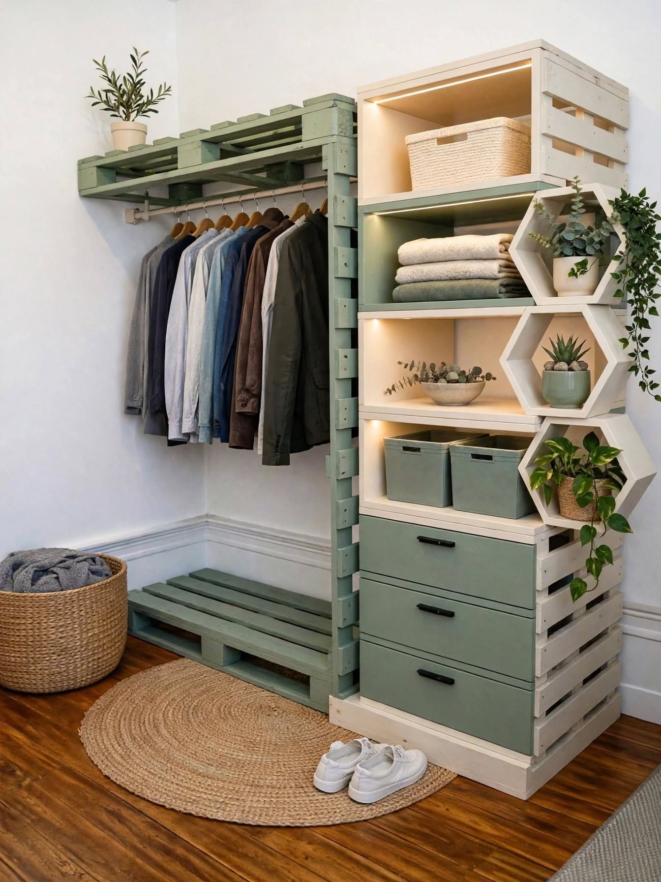 DIY Pallet Wardrobe with Hanging Rods & LED Shelves (14)