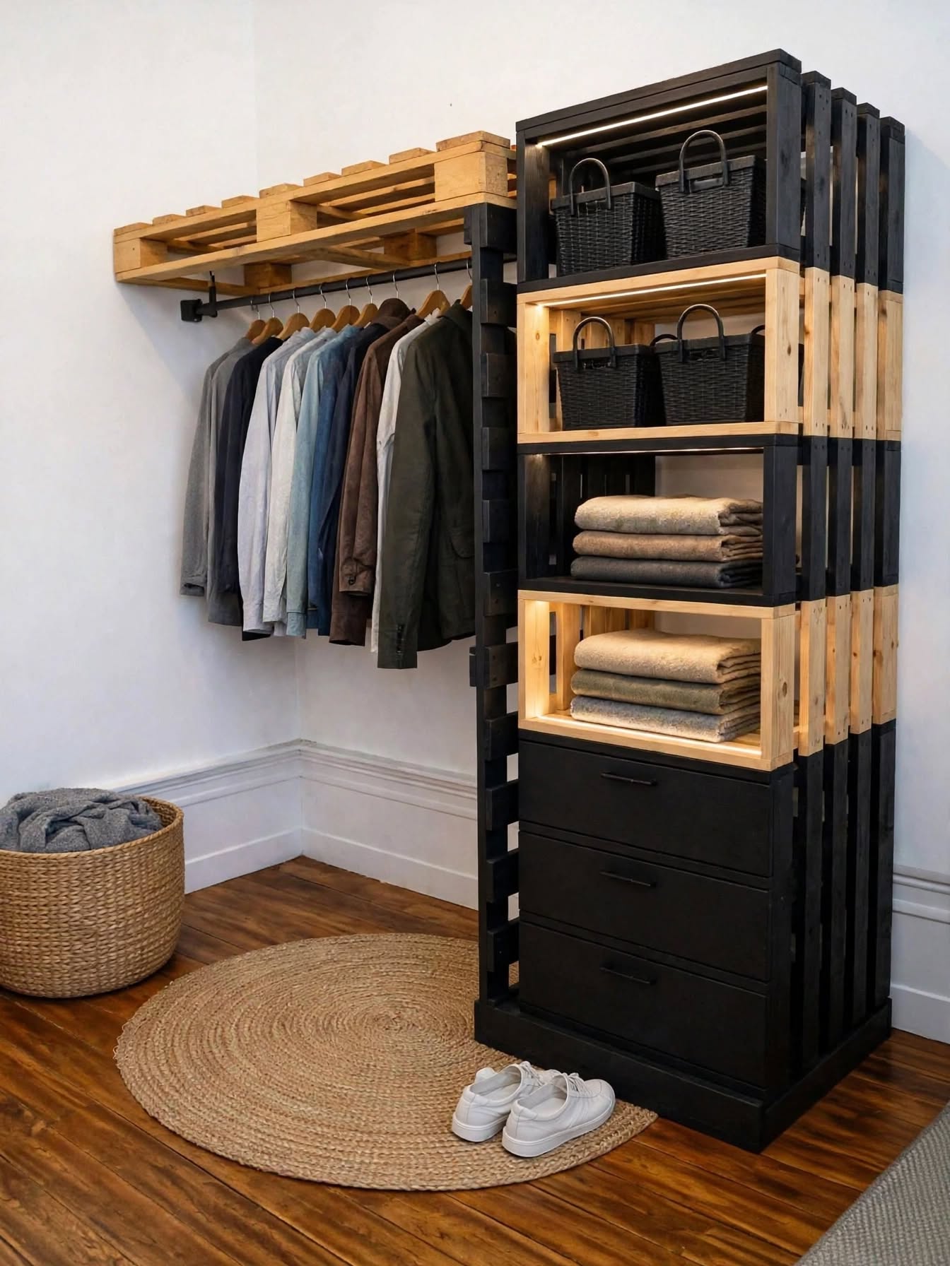 DIY Pallet Wardrobe with Hanging Rods & LED Shelves (15)