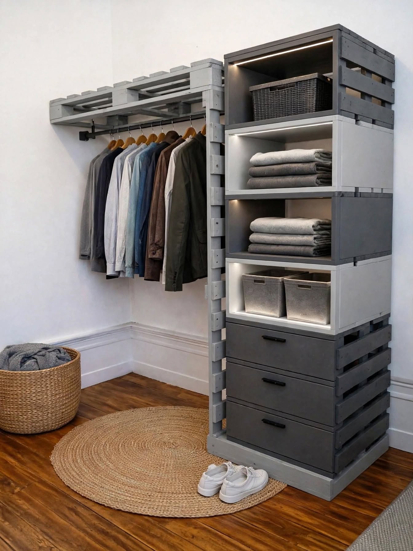 DIY Pallet Wardrobe with Hanging Rods & LED Shelves (16)