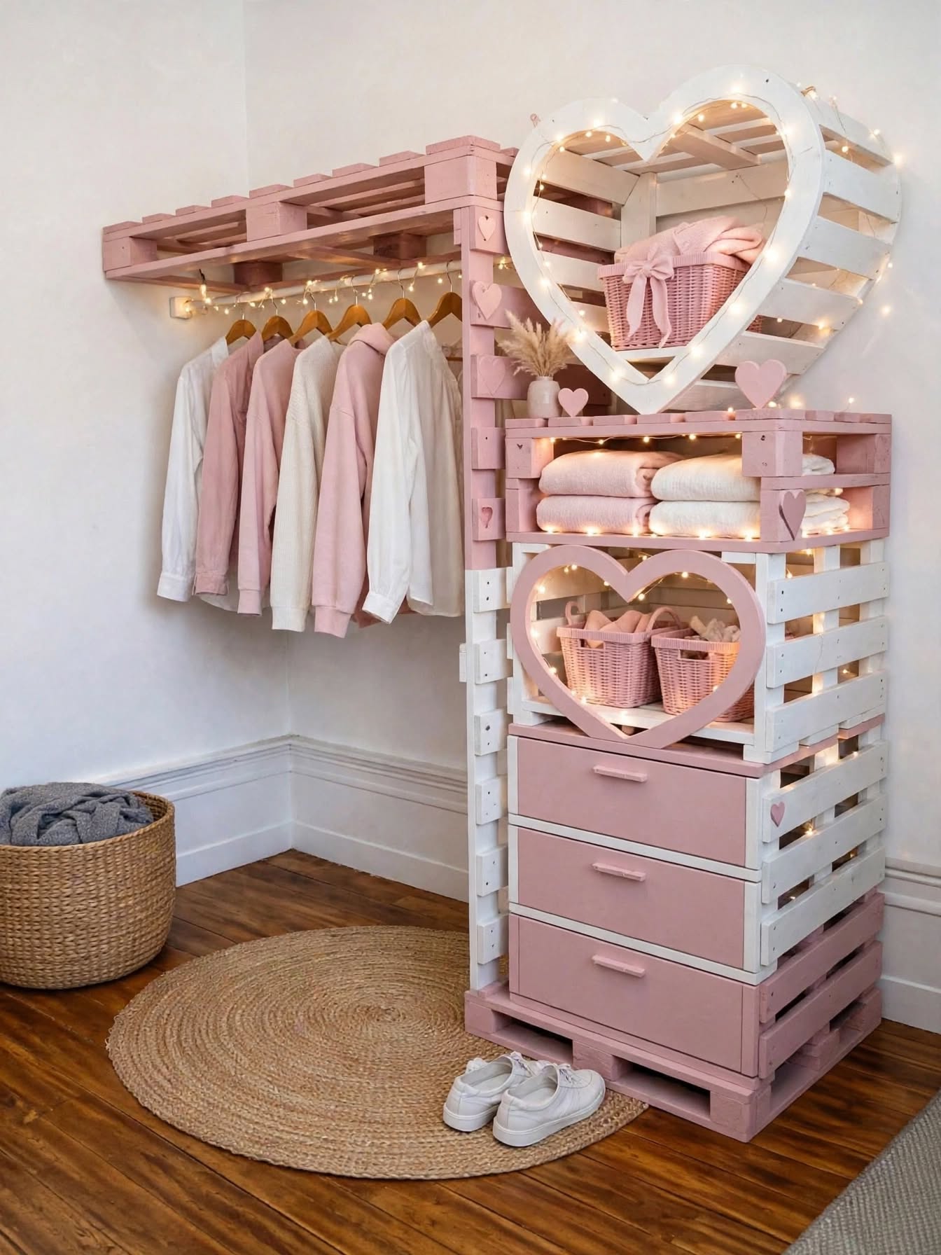DIY Pallet Wardrobe with Hanging Rods & LED Shelves (2)