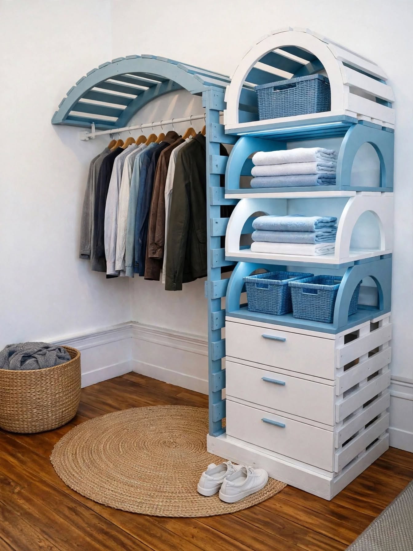 DIY Pallet Wardrobe with Hanging Rods & LED Shelves (3)