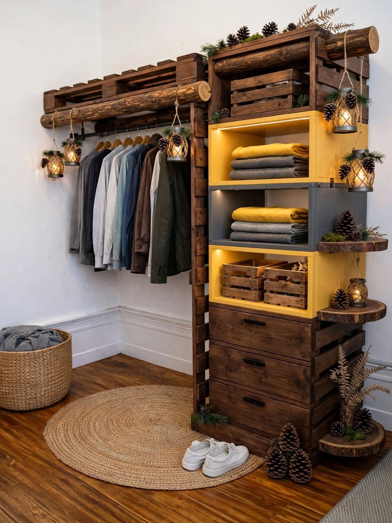 DIY Pallet Wardrobe with Hanging Rods & LED Shelves (4)