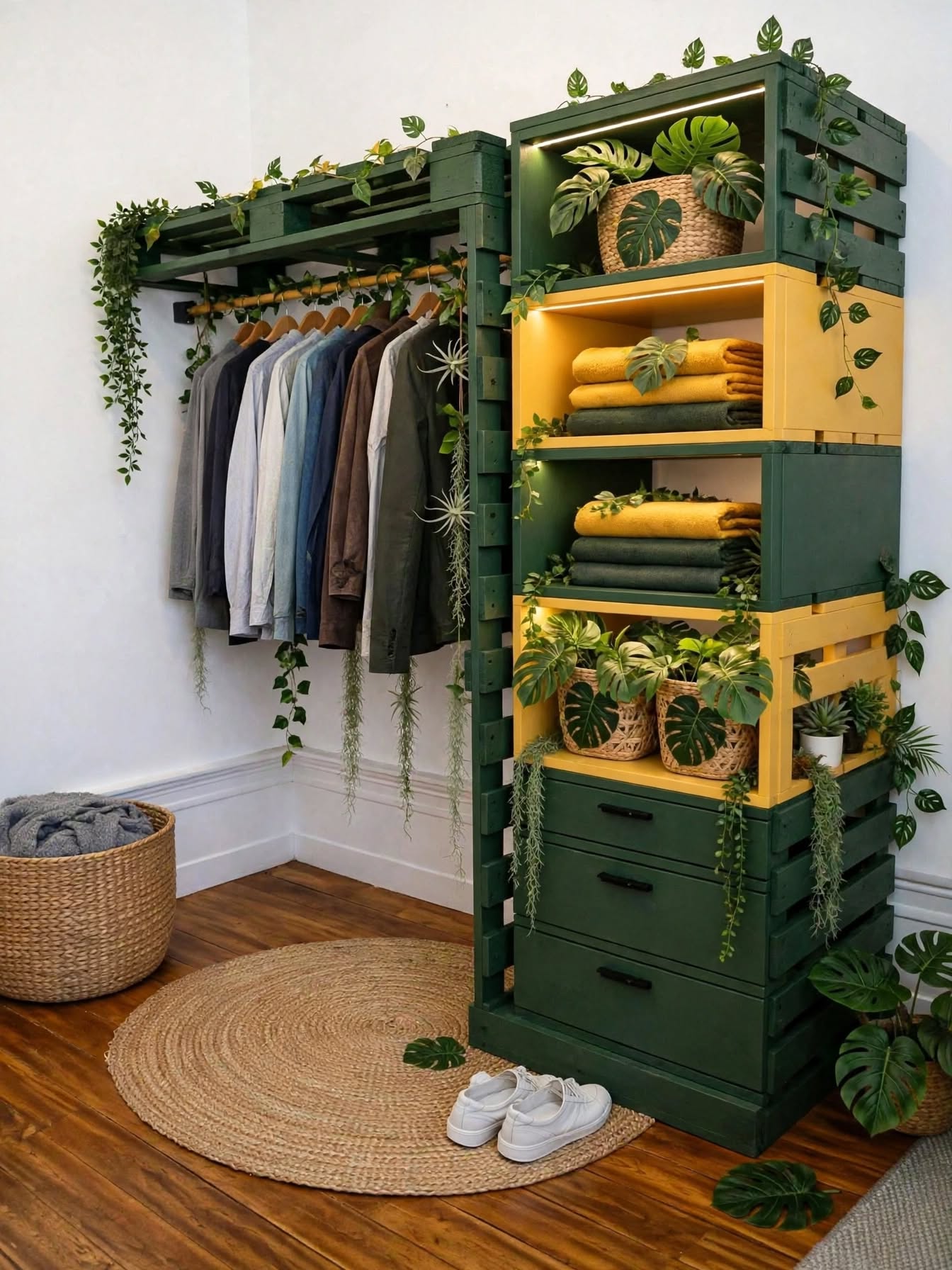 DIY Pallet Wardrobe with Hanging Rods & LED Shelves (5)