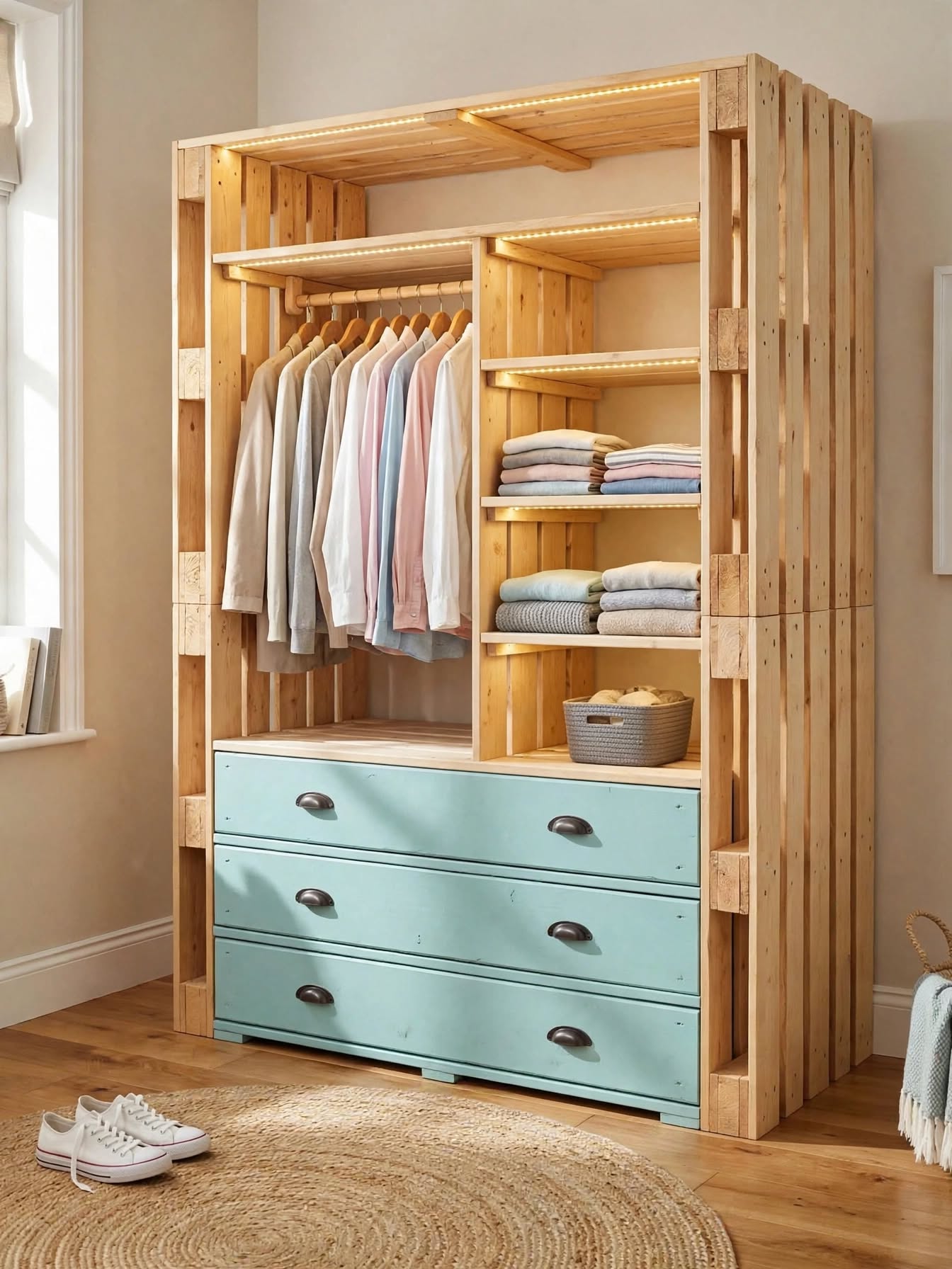 DIY Pallet Wardrobe with Hanging Rods & LED Shelves (6)