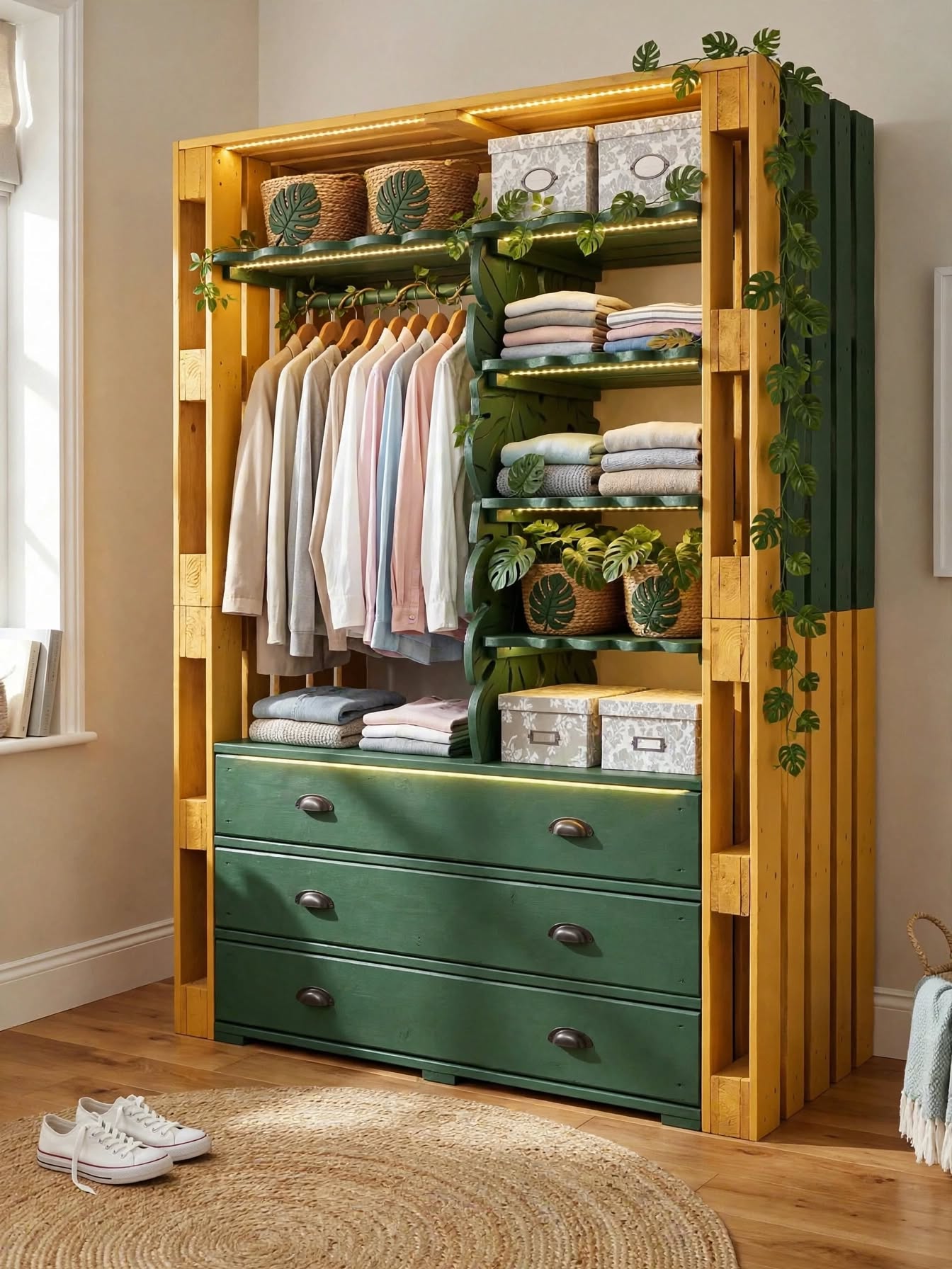 DIY Pallet Wardrobe with Hanging Rods & LED Shelves (7)