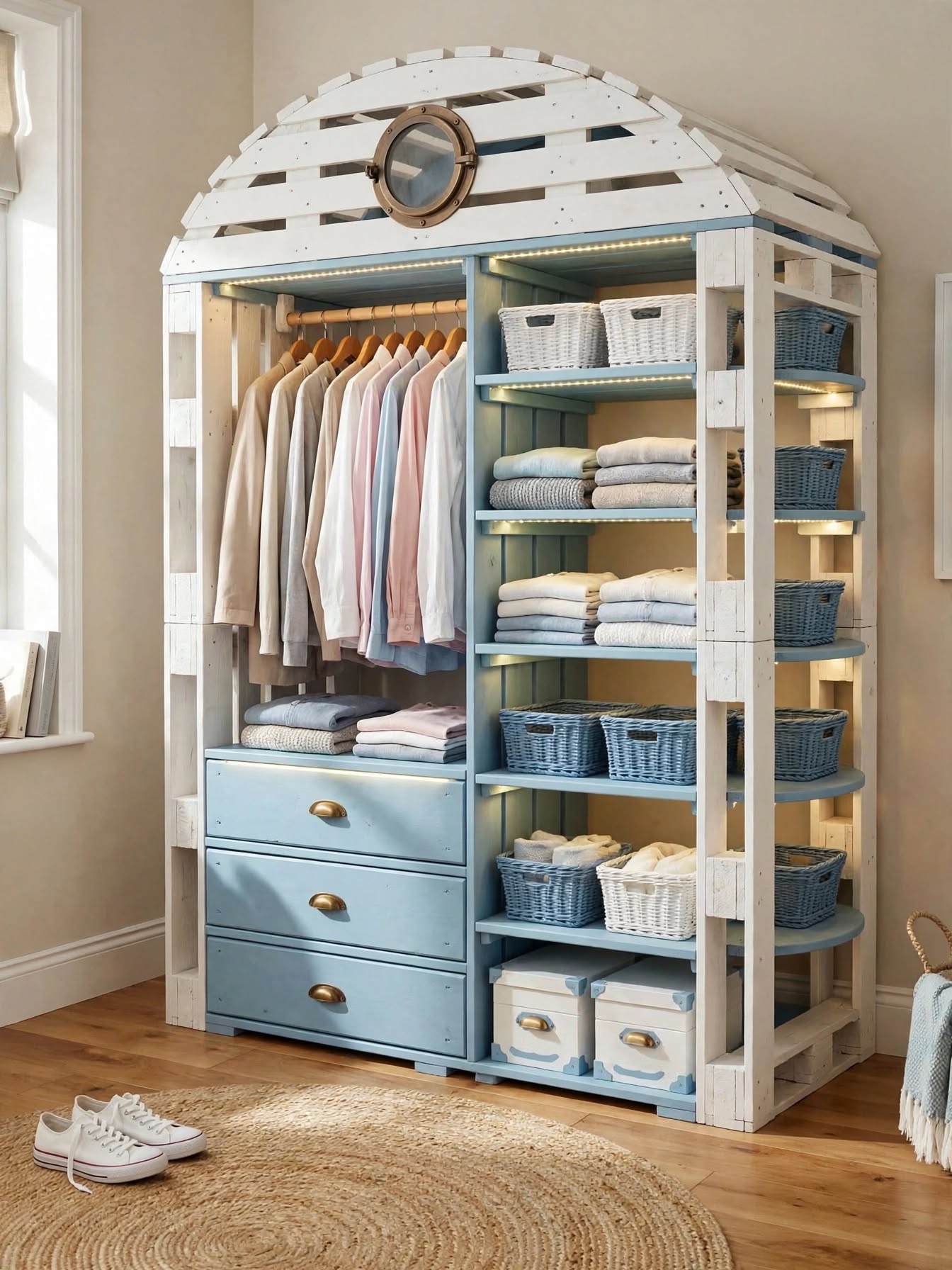 DIY Pallet Wardrobe with Hanging Rods & LED Shelves (8)
