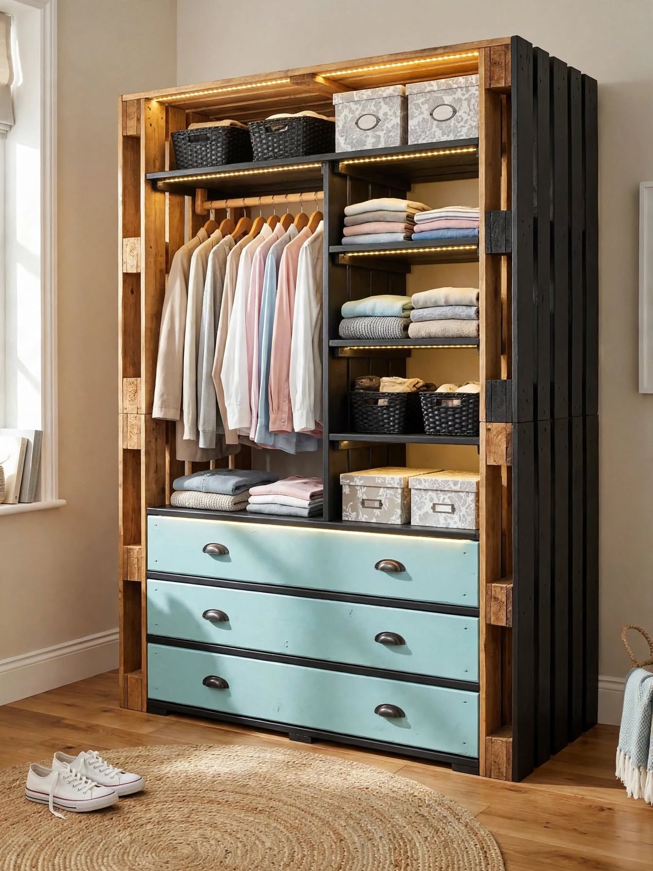 DIY Pallet Wardrobe with Hanging Rods & LED Shelves (9)
