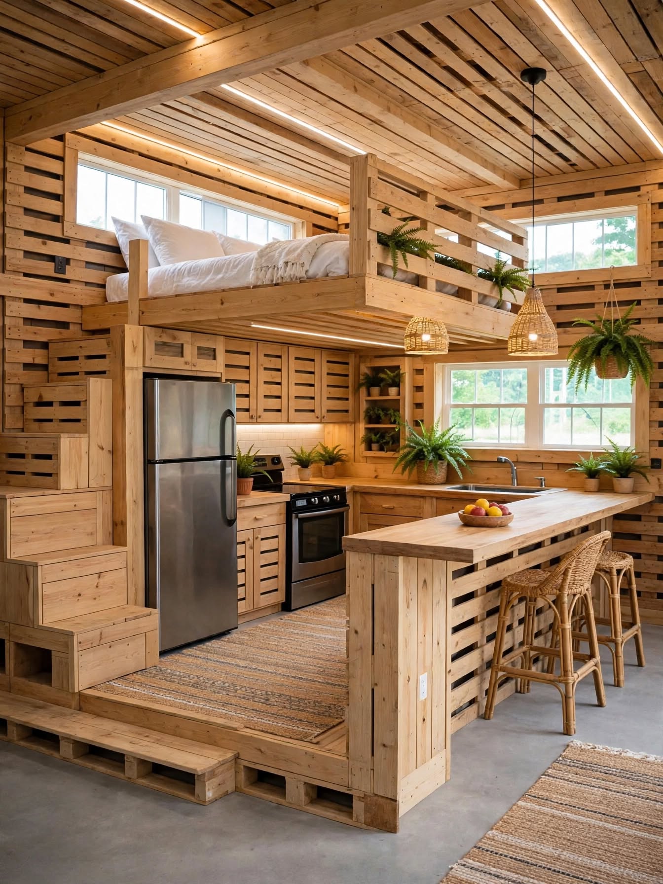 Wooden Pallet Bed & Kitchen Combo Creative Rustic DIY Furniture Designs (1)