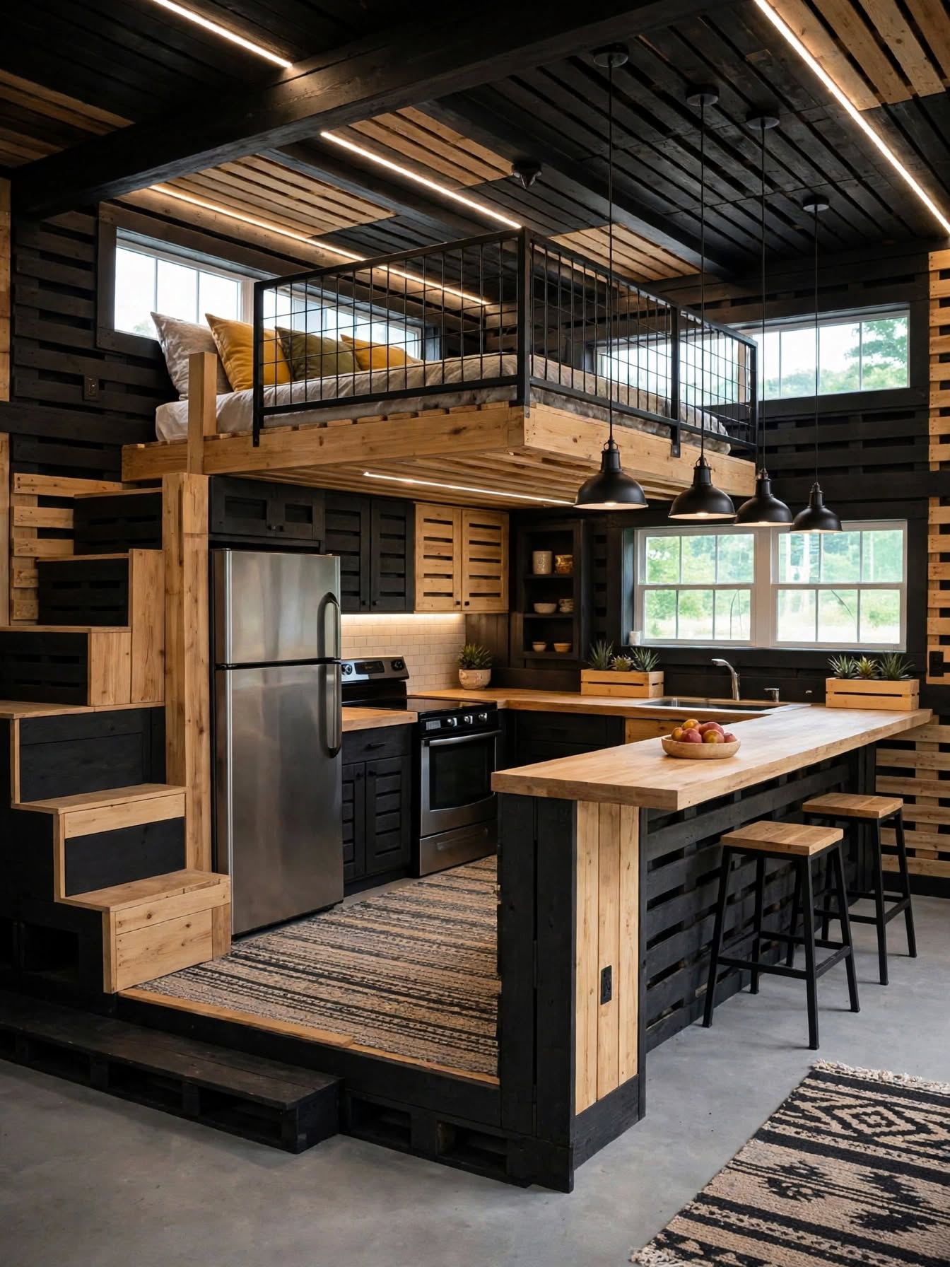 Wooden Pallet Bed & Kitchen Combo Creative Rustic DIY Furniture Designs (3)